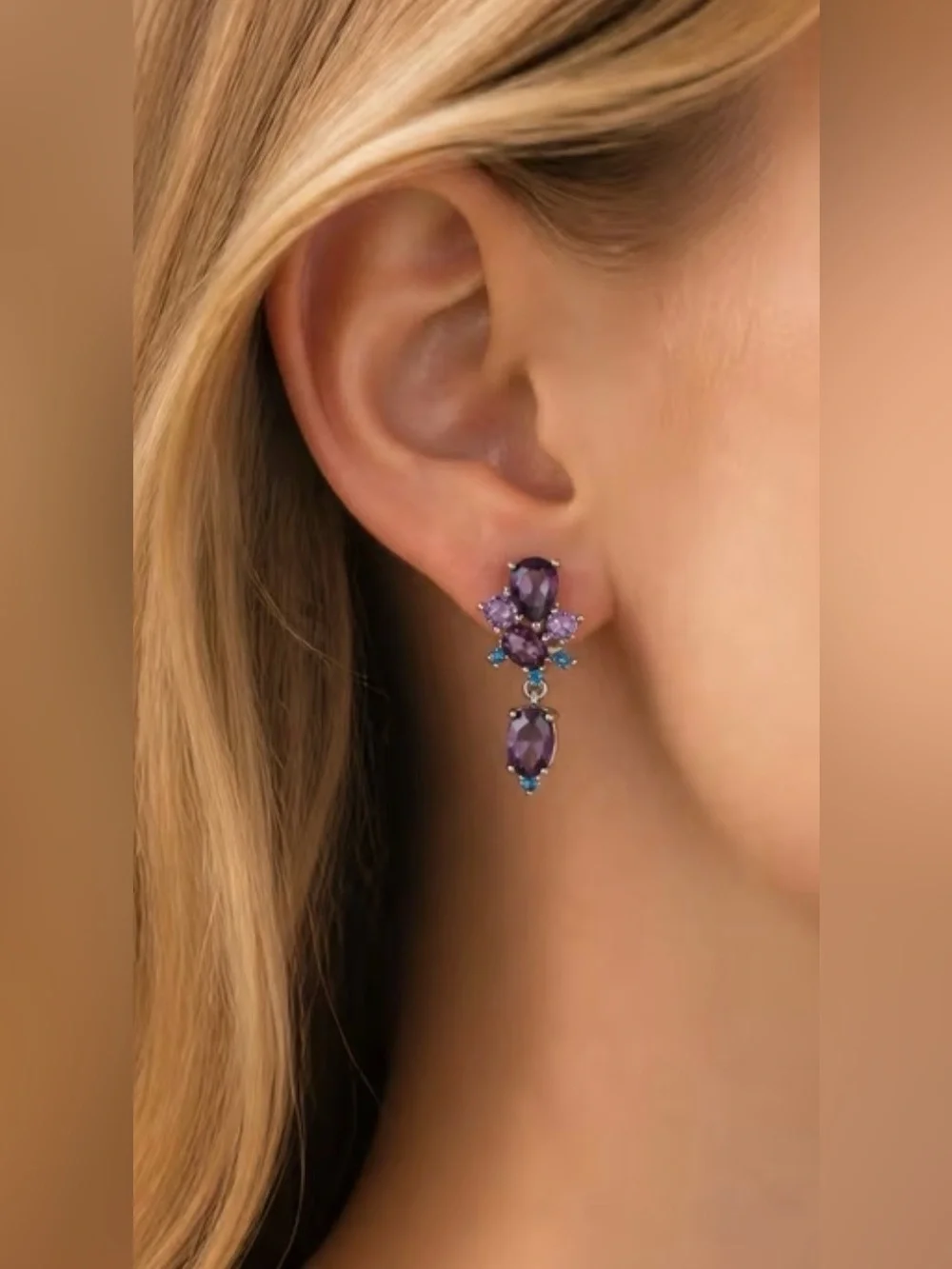 New! Purple CZ Drop Earrings - Sparkling Teardrop & Oval Design